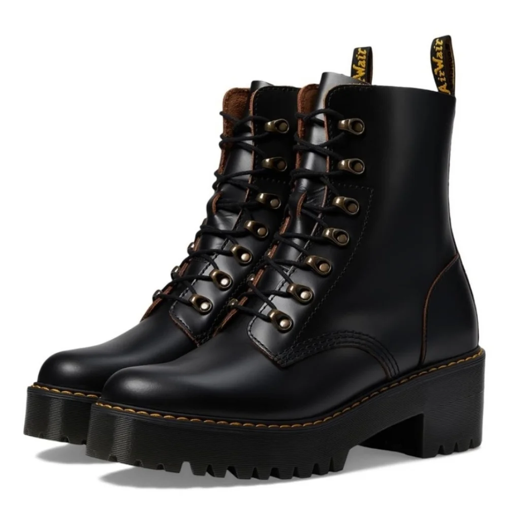 Dr. Martens Leona Mid Heel Platform Combat Boots, Docs High Heel Leather, 90s - Picture 3 of 16